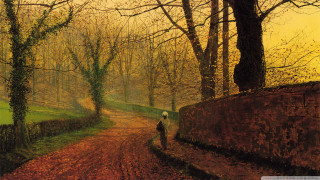 Person walking path woods trees - an oil painting free wallpaper