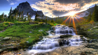 Waterfall mountain sunbeam sky nature - a green field below free wallpaper for desktop
