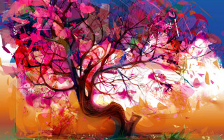 Tree colorful background person bench - surreal design free wallpaper for desktop