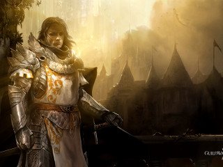 Woman white dress sword dark - a castle in the background free wallpaper