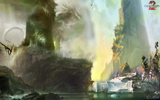 Giant creature fantasy land waterfall - anato finnstark free wallpaper for desktop