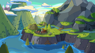 Cartoon island river houses scene - a few house free wallpaper