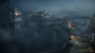 Cliff man sword foggy castle - top of a cliff free wallpaper