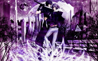 Anime couple city skyline purple - a couple of anime characters free wallpaper