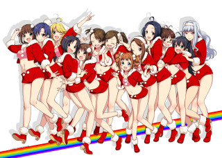 Women red outfits rainbow line - a rainbow in the background free wallpaper