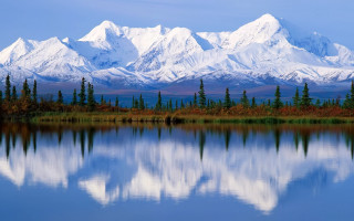 Mountain range reflection lake trees 2 - ecological art free wallpaper