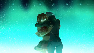 Couple hugging snow stars background - the background and a sky full free wallpaper
