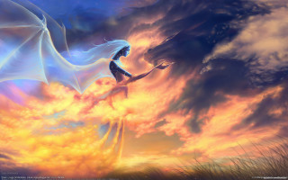 Woman flying cloud dragon sky - top of a cloud free wallpaper