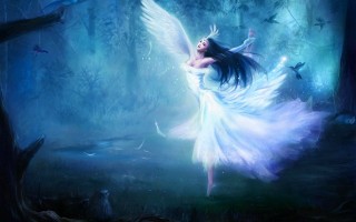 Woman flying woods white wings - a white angel free wallpaper for desktop