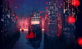 City red lights red boat - anton fadeev free wallpaper