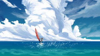 Windsurfing ocean clouds painting person - plein air free wallpaper for desktop