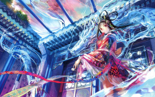 Woman dress ribbon dragon architecture - her hand and a dragon free wallpaper