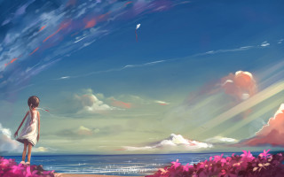 Girl beach ocean clouds pink - plein air free wallpaper