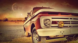 Red truck grass field trees 2 - free retro wallpaper