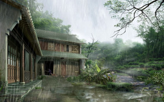 House rain person stream yard - eishōsai chōki free wallpaper