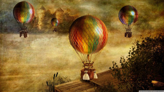 Balloons flying field grass trees - balloon free wallpaper for desktop