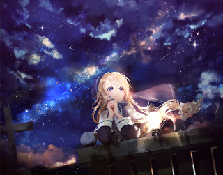 Girl sitting ledge cross stars - night sky free wallpaper for desktop