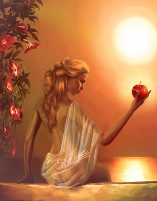 Woman holding apple sitting ledge - digital painting free wallpaper for mobile