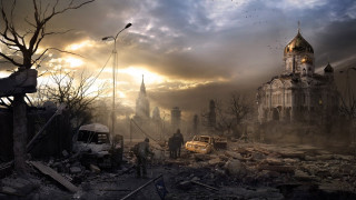 Destroyed city large building clock - apocalyptic free wallpaper