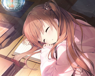 Girl long hair sitting desk - a desk free wallpaper