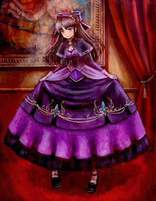 Woman purple dress window red - a red curtain behind her free wallpaper