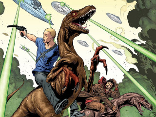 Man riding dinosaur gun holding 2 - free sci-fi wallpaper