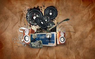 Digital collage speakers laptop music - grungy free wallpaper