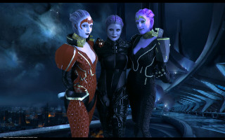 Futuristic women night city skyline - three woman free wallpaper