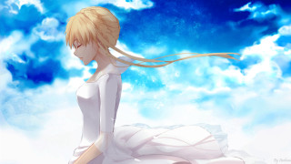 Woman white dress sitting cloud - a cloud free wallpaper for desktop