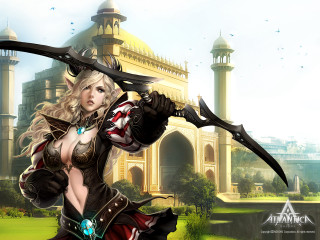 Woman sword helmet holding building - epic fantasy character art free wallpaper for desktop