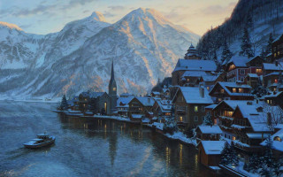 Snowy village water boat mountains - the water and mountains free wallpaper