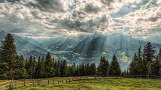 Mountain range fence forest sunlight - a scenic view of a mountain range free wallpaper