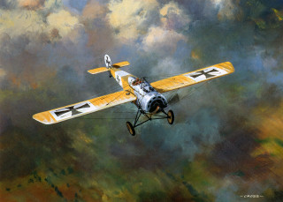 Yellow white biplane flying sky - a painting free wallpaper for desktop