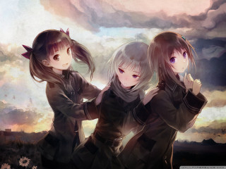 Three anime girls cloudy sky 3 - their hand together free wallpaper