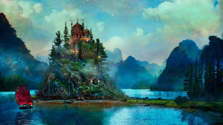 Castle island lake sailboat painting - a small island in the middle of a lake free wallpaper