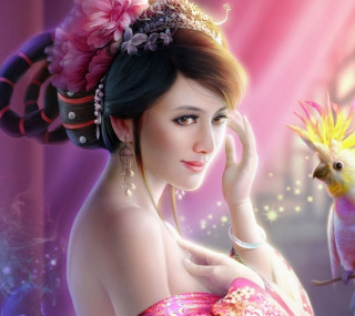 Pink dress woman bird flower - digital painting free wallpaper for tablet