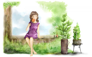 Girl ledge flower forest bush - storybook illustration free wallpaper