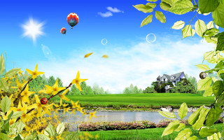 House pond hot air balloon 3 - a house in the background free wallpaper