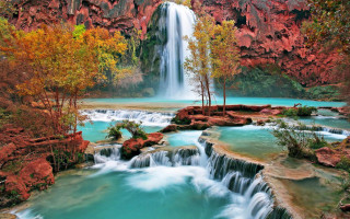 Waterfall background trees nature scenery - free nature wallpaper