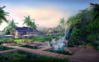 Tropical resort waterfall pool palm 2 - tropical free wallpaper