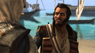 Pirate costume man boat harbor - ultra realistic face free wallpaper