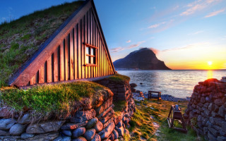 House grass roof ocean sunset 3 - the ocean free wallpaper