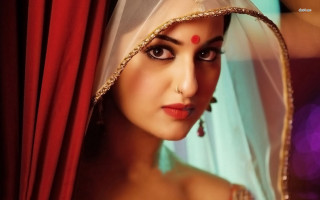 Woman veil headpiece red curtain - a purple light behind her free wallpaper