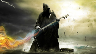Man hooded robe guitar storm - free sci-fi wallpaper for desktop