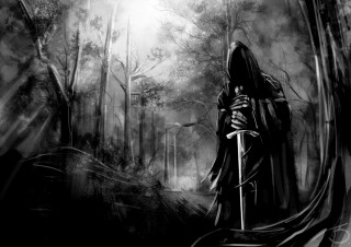 Hooded man sword dark forest - a dark forest free wallpaper for desktop