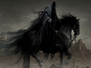 Man riding black horse field - death free wallpaper for desktop