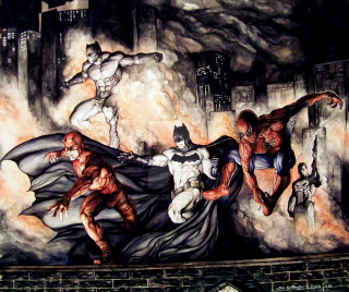 Superheroes wall city skyline fire - incredible art free wallpaper