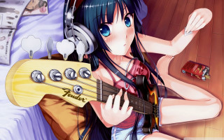 Girl headphones guitar bed pillow - a fine art painting free wallpaper for desktop