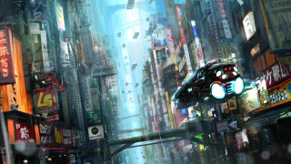 Futuristic city night flying car - biopunk free wallpaper