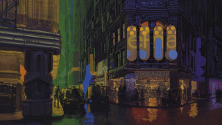 City street night people walking - a painting of a city street free wallpaper